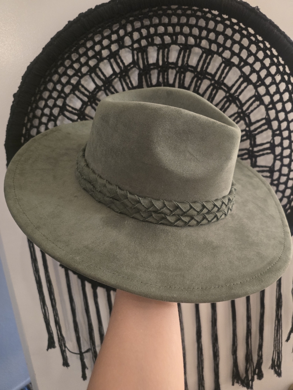Women’s Olive Suede Braided Band Wide-Brim Hat